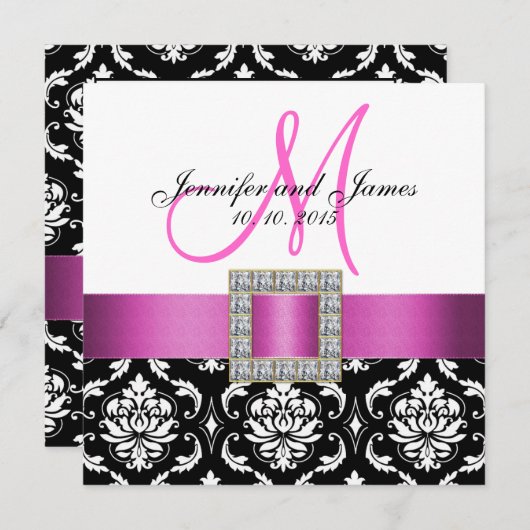 ピンクの白黒のダマスク織の結婚式招待状 招待状 (正面/裏面)