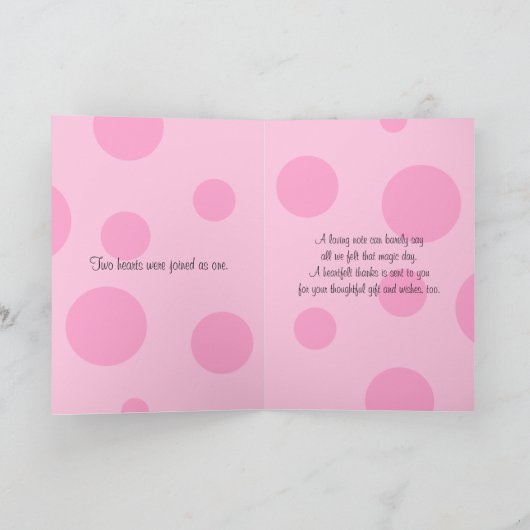 ピンクの白黒の水玉模様の結婚式の写真は感謝していしています サンキューカード (内部)