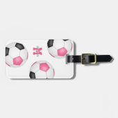 ピンクの白黒サッカーボール女子スポーツ3 ラゲッジタグ (正面横)
