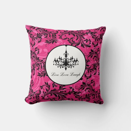 ピンクの白黒シャンデリア、スクロール枕 クッション (正面)