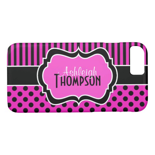 ピンクの白黒ストライプの水玉模様iPhone 7ケース Case-Mate iPhoneケース (裏面(横))