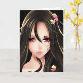 ピンクの目のブルネットのアニメ少女の漫画 カード (黄色い花)