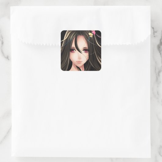 ピンクの目のブルネットのアニメ少女の漫画 スクエアシール (バッグ)