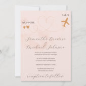 ピンクの目的地の飛行機の海外結婚飛行 招待状 (正面)