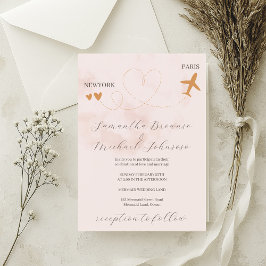 ピンクの目的地の飛行機の海外結婚飛行 招待状