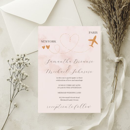 ピンクの目的地の飛行機の海外結婚飛行 招待状