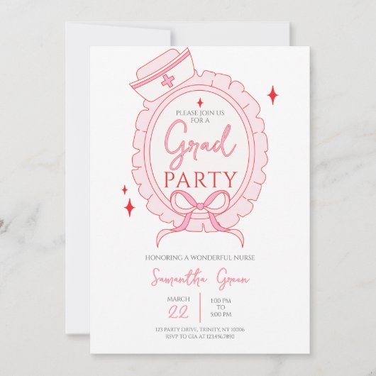 ピンクの看護師卒業パーティー 招待状 (正面)