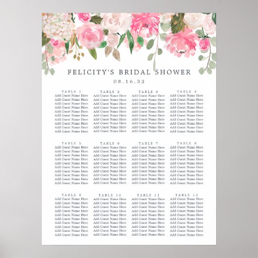 ピンクの真夏フローラブライダルシャワーシーティングチャート ポスター (正面)