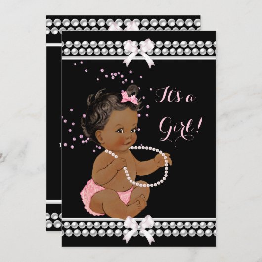 ピンクの真珠かわいい赤ちゃんシャワー女の子ブラックエスニック 招待状 (正面/裏面)