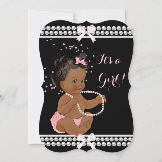 ピンクの真珠かわいい赤ちゃんシャワー女の子ブラックエスニック 招待状 (正面)