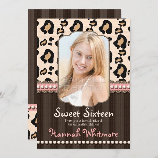 ピンクの真珠のヒョウのプリントの菓子16の招待状 招待状 (正面/裏面)