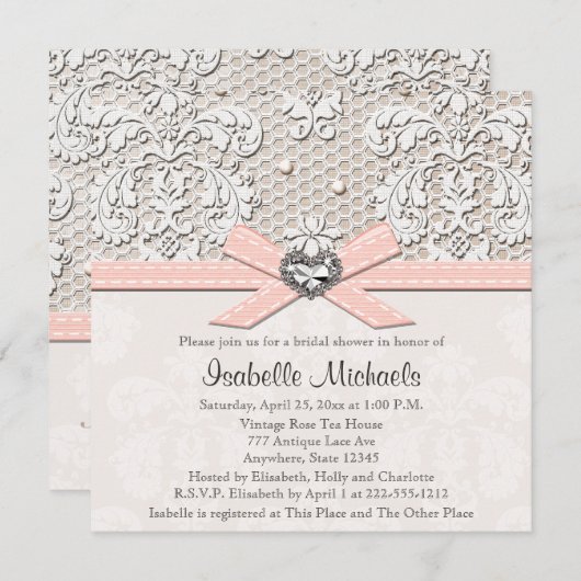 ピンクの真珠のレースのダイヤモンドのブライダルシャワー招待状 招待状 (正面/裏面)