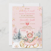 ピンクの真珠の待つ冬の森の赤ちゃんシャワーベア 招待状 (正面)