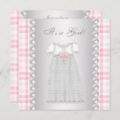 ピンクの真珠ドレスピンクのギンガムベビーガールシャワー 招待状 (正面/裏面)
