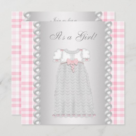 ピンクの真珠ドレスピンクのギンガムベビーガールシャワー 招待状 (正面/裏面)