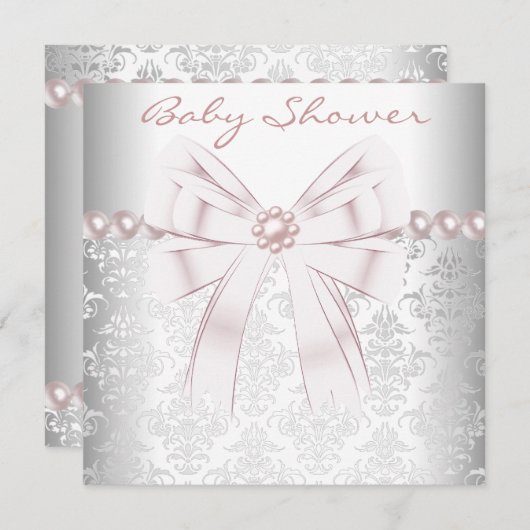 ピンクの真珠ピンクのダマスク赤ちゃん女の子シャワー 招待状 (正面/裏面)