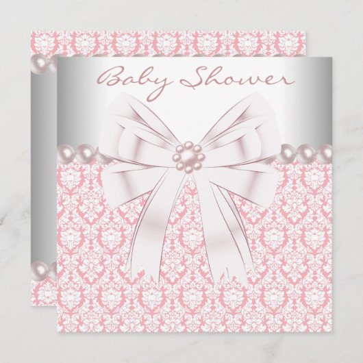 ピンクの真珠ピンクのダマスク赤ちゃん女の子シャワー 招待状 (正面/裏面)