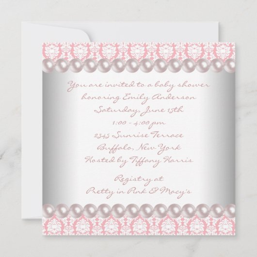 ピンクの真珠ピンクのダマスク赤ちゃん女の子シャワー 招待状 (裏面)
