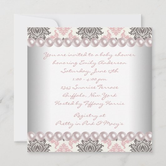 ピンクの真珠ピンクの茶色のダマスクベビーガールシャワー 招待状 (裏面)