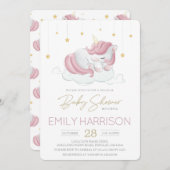 ピンクの眠るユニコーン赤ちゃんシャワー 招待状 (正面/裏面)