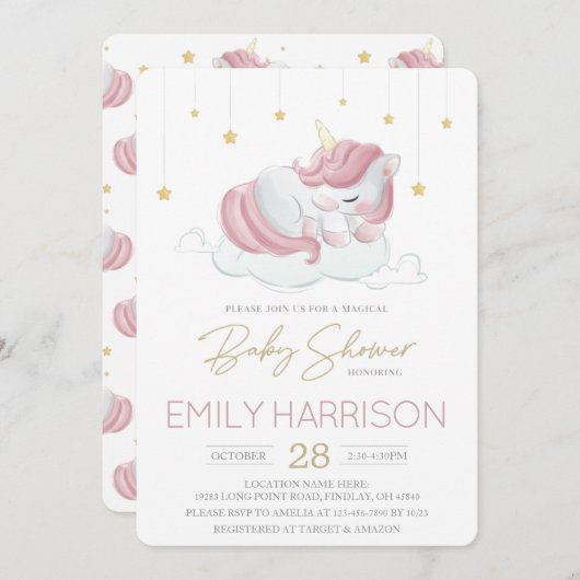 ピンクの眠るユニコーン赤ちゃんシャワー 招待状 (正面/裏面)