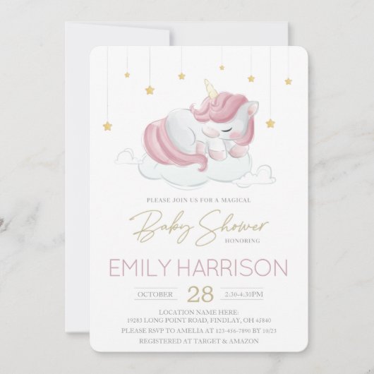 ピンクの眠るユニコーン赤ちゃんシャワー 招待状 (正面)