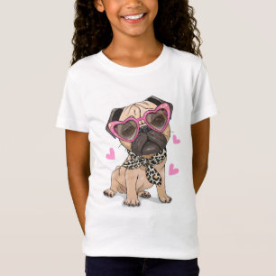 ピンクの眼鏡とスカーフのキッズのTシャツを着たパグ犬 Tシャツ