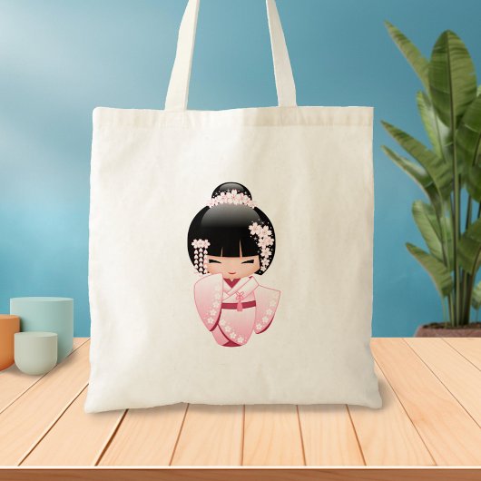 ピンクの着物の可愛いこけしガール トートバッグ