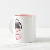 ピンクの着物の可愛いこけし人形 ツートーンマグカップ (正面左)