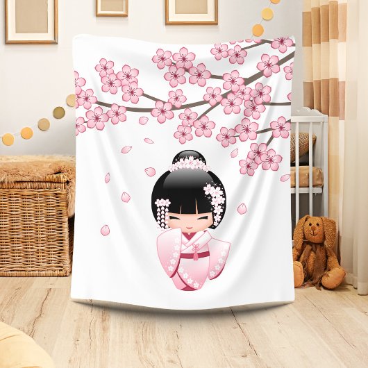 ピンクの着物の可愛いこけし人形 フリースブランケット