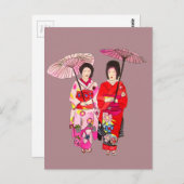 ピンクの着物を着たかわいい日本人芸妓 ポストカード (正面/裏面)