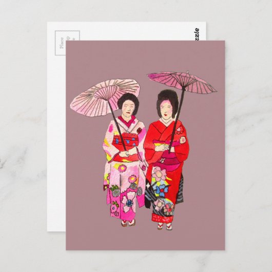 ピンクの着物を着たかわいい日本人芸妓 ポストカード (正面/裏面)