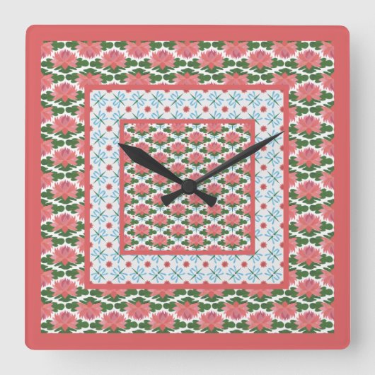 ピンクの睡蓮ドラゴンフライペンダントウォールクロック スクエア壁時計 (正面)
