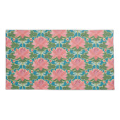 ピンクの睡蓮、青いトンボ、ティール（緑がかった色） 枕カバー (裏面-左)