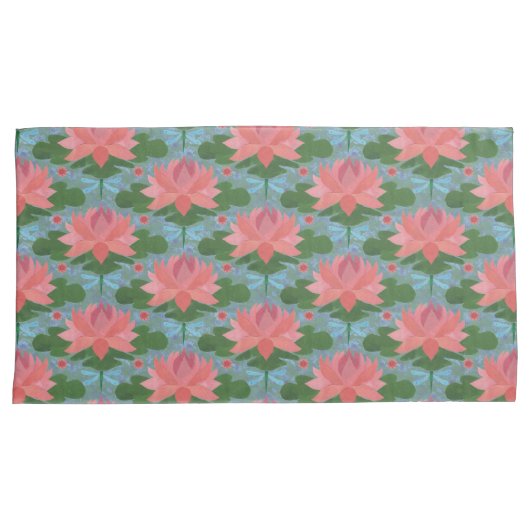 ピンクの睡蓮、青い淡い色のトンボ 枕カバー (正面右)