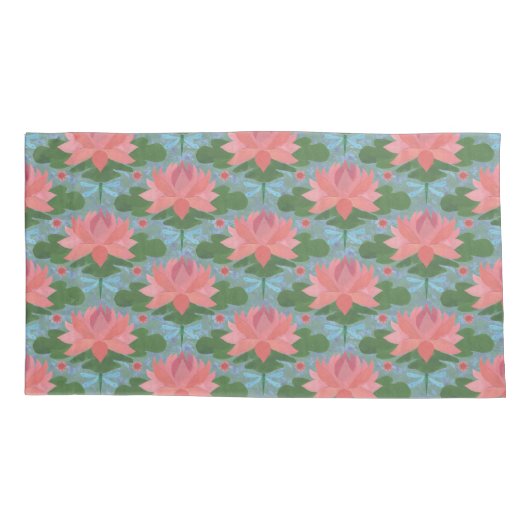 ピンクの睡蓮、青い淡い色のトンボ 枕カバー (裏面-左)