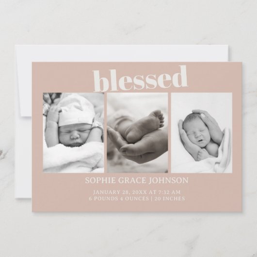 ピンクの砂岩タイポグラフィー ベビーシャワー お知らせ 招待状 (正面)