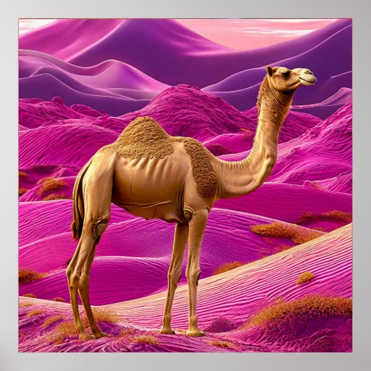 🐪 ピンクの砂漠のラクダの夕日 夢のような砂の風景 ポスター (正面)