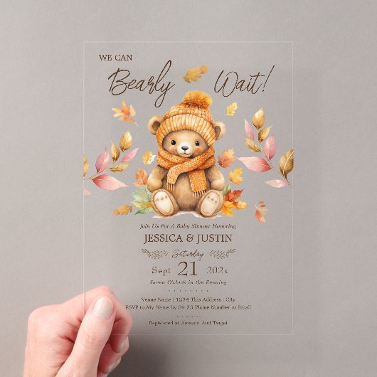ピンクの秋のベビーシャワーおめでとう We Can Bearly Wait アクリル招待状 (インサイチュ (ポータブル))