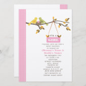 ピンクの秋のベビーシャワーのお母さん及びお父さんの鳥及び巣 招待状 (正面/裏面)