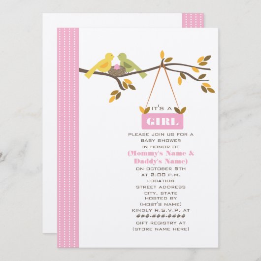 ピンクの秋のベビーシャワーのお母さん及びお父さんの鳥及び巣 招待状 (正面/裏面)