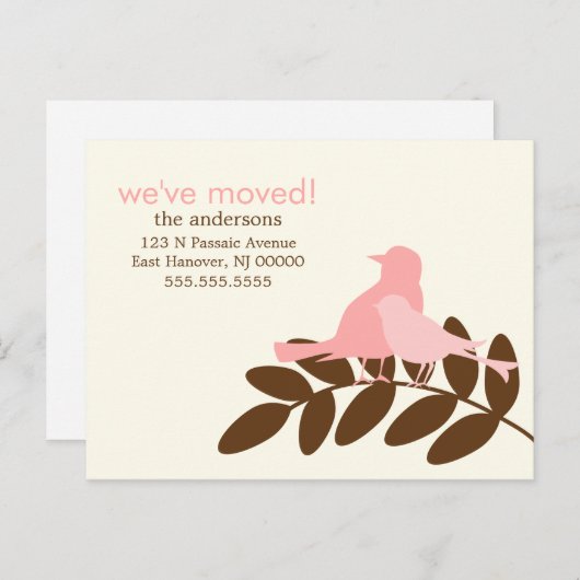 ピンクの秋の鳥の新しいアドレスのお知らせ 案内ポストカード (正面/裏面)