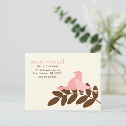 ピンクの秋の鳥の新しいアドレスのお知らせ 案内ポストカード (スタンド正面)