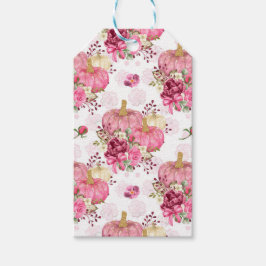 ピンクの秋秋のカボチャと水彩の花 ギフトタグ