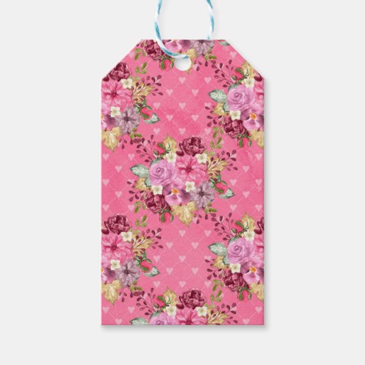 ピンクの秋秋のカボチャと水彩の花 ギフトタグ (正面)