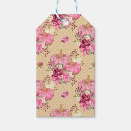 ピンクの秋秋のカボチャと水彩の花 ギフトタグ