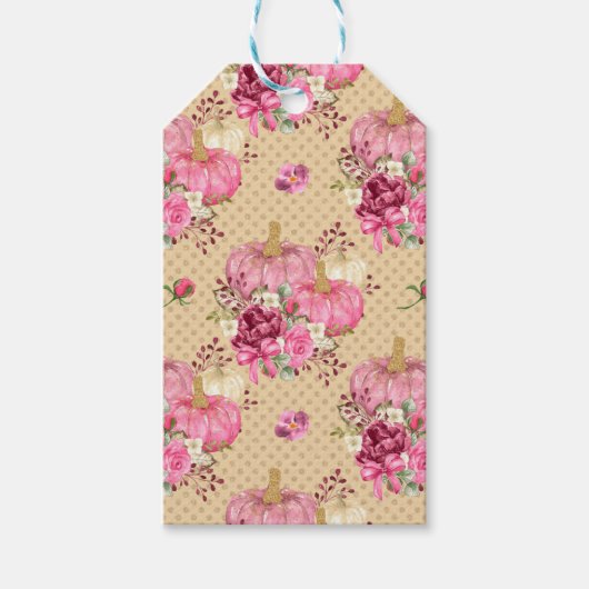 ピンクの秋秋のカボチャと水彩の花 ギフトタグ (正面)