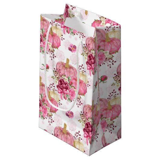 ピンクの秋秋のカボチャと水彩の花 スモールペーパーバッグ (正面アングル)