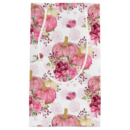 ピンクの秋秋のカボチャと水彩の花 スモールペーパーバッグ