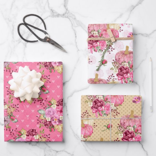 ピンクの秋秋のカボチャと水彩の花 ラッピングペーパーシート (正面)
